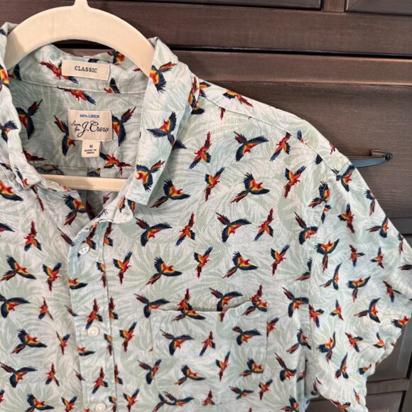 J.Crew 100% Linen Parrot Print Short Sleeve Button Down Shirt Men’s M Tropical - Picture 4 of 9